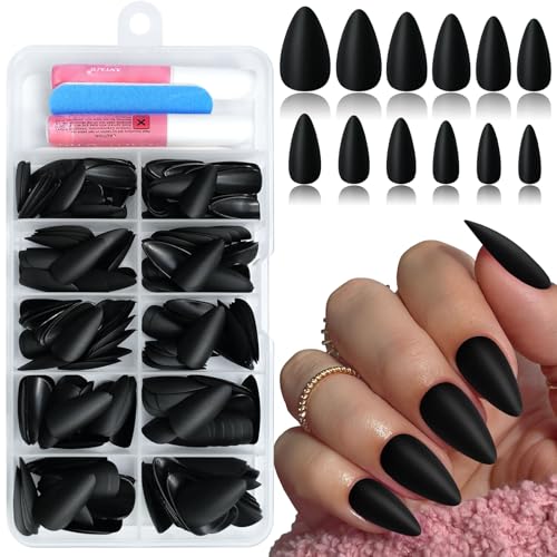 Bellelfin Short Press on Nails Almond Black Fake Nails Matte Nails Press on with Glue, 240Pcs Full Cover Acrylic Almond Nail for Women Girls Fingernails Design