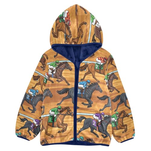 Horse Racing Scene Pattern Toddler Fleece Jacket Girl Boys Hooded Fleece Jacket Coat Warm Outwear Zip-up 3-10T