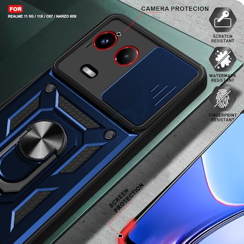 Image of AESTMO Tough Armor Realme 11 5G / 11X / C67 / Narzo 60X Bumper Back Case Cover | Ring Holder & Sliding Camera Shield Cover | 360 Degree Protection Back Case Cover (Blue)