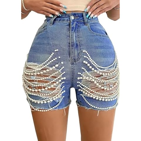 Quzzion Women's Pearls Chain Denim Shorts Ripped Distressed Jean Shorts with Pockets Cover