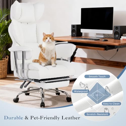 Image of DUMOS Big and Tall Office Chair 400 LBS, Scratch-Resistant PU Leather Executive Office Desk Chair with Footrest, Ergonomic Reclining Computer Chairs with Pocket Spring Support, White