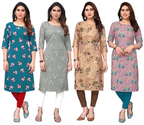 Image of JAKHANA Women's Crepe Printed Casual Straight Calf Length Round Nick Kurta Pack of 4