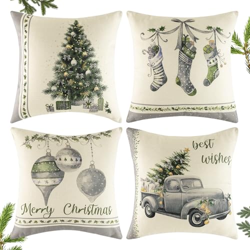 Viosmut Kussenslopen voor Kerstmis, 4 stuks, 45 x 45 cm, kussensloop Kerstmis linnen kussenslopen, Elk Kerstman patroon kerst kussen - grijze stijl