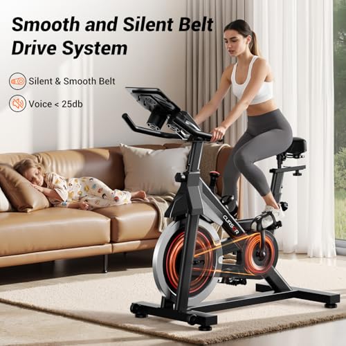 CURSOR FITNESS Exercise Bike, Stationary Bikes for Home, 300 LBS Capacity, Workout Bike with Silent Belt Drive, Indoor Cycling Bike with Extra Comfort Seat/IPad Mount/3 Bottle Holders