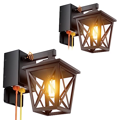 Image of Ehaho Porch Light with GFCI Outlet Aircraft Grade Aluminum Alloy Black 2PCS | Dusk to Dawn Outdoor Lights Waterproof IP 68 Upgraded 3 Lighting Modes Exterior Light with Plug for Front Door Patio Garage