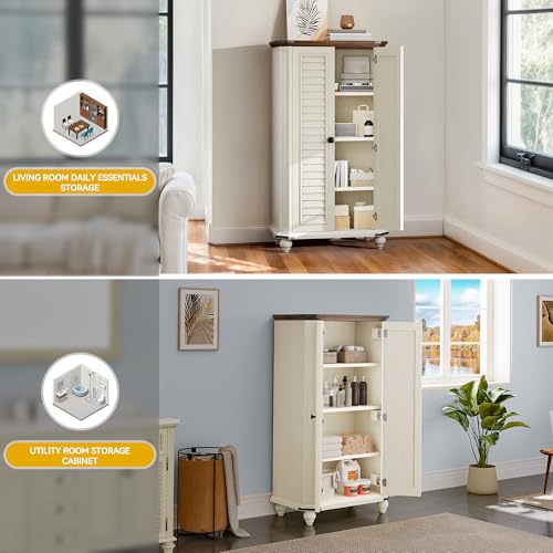 DWVO 4-Tier Storage Cabinet, 45.2" Farmhouse Kitchen Pantry Cabinet wth 2 Shutters-Doors & Adjustable Shelves, Wooden Tool Cabinet for Dining Room, Bathroom, Living Room, Laundry Room, Office, White