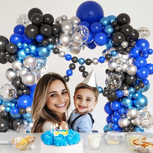 Image of 104Pcs Blue Black Silver Birthday Decorations Kit - Metallic Balloons Happy Birthday Card Banner Pack