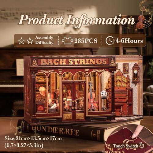 Image of CUTEBEE Book Nook Kit - DIY Dollhouse Miniature House Musical Room, 3D Wooden Puzzle & Music Style Miniature House Build Yourself, Book Library Gifts for Family and Friends (Bach Strings)