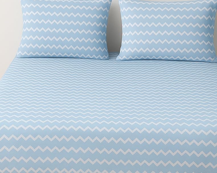Image of 400TC Cotton Feel Glace Cotton Double Bed Elastic Fitted Bedsheet King Size 78 x 72 Inches with 2 Pillow Covers (Blossom Blue)
