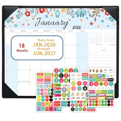 Calendar 2025-2026, Monthly Desk Calendar from July 2025 to December 2026, 17" x 12", Large Desktop Calendar Monthly, Perfect for Home or Office, Floral (Black with Desk Mat(15" x 12"）)