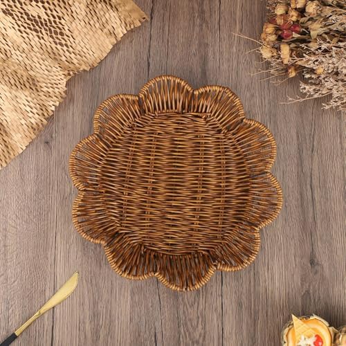 Natural Rattan Flower Shaped Storage Bowl 11" Hand Woven Basket Tray for Bread Fruit Key Round Kitchen Entryway Tabletop Decorative image 5