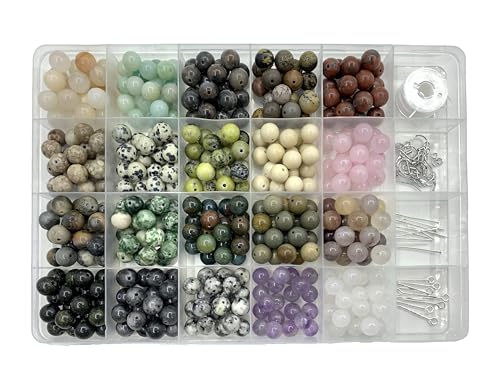 PUNAOSHI 400pcs 8mm Natural Stone Beads with 1mm Diameter Bead Holes,DIY Kit Create Friendship Bracelets, Necklaces, and Earrings，for Jewelry (8mm 20Color 01 Material-A)
