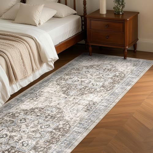 Tortania Area Rug 3x8 Runner Rugs - Washable Vintage Oriental Farmhouse Thin Indoor Carpet for Living Room Bedroom Hallway Entryway Kitchen Under Dining Table Home Office - Brown Blue
