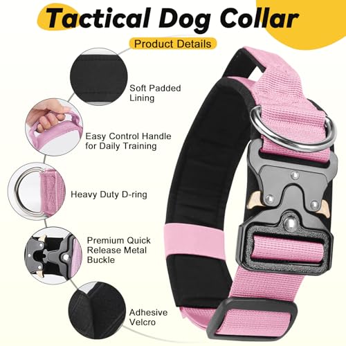 Viugex Taktisches Hundehalsband, Weich Gepolstertes Nylon Hunde Halsband, Langlebig, Premium-Qualität, Verstellbare Hundehalsbänder mit Metallschnalle für Mittlere Große Hunde (Rosa, M)