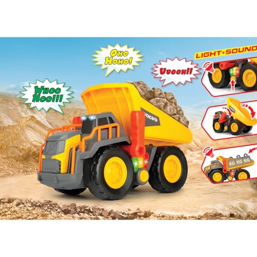 Dickie Toys Volvo Spielzeug Kipplaster mit Gewichtserkennung, Weight Lift Truck, LKW Kipper, erkennt 3 verschiedene Gewichtsstufen, bewegliche Ladefläche, Licht & Sound, inkl. Batterien, 30 cm, Gelb/Grau