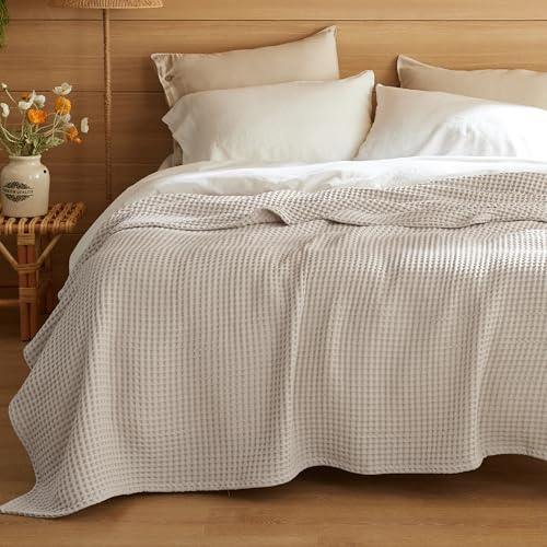 Bedsure 100% Cotton King Size Blanket for Spring Summer, Ultra Soft Waffle Weave King Blanket for Bed, Thin Lightweight Breathable Bedding Gifts for Women, Men, Teens, Linen, 108' x 90'