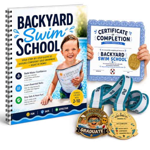 Backyard Swim School Learn to Swim Kit for Kids Ages 2-10 – Parent-Led Swim Lessons, Water Safety Training, Beginner Swim Skills Workbook & Activities