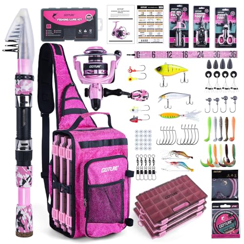 Goture Pink Fishing Rod and Reel Combo with 3700 Trays - Spinning Reel Pole with Shimmering Pink Sling Bag - 9FT Telescopic Rod Kit for Starter Travel Saltwater Freshwater