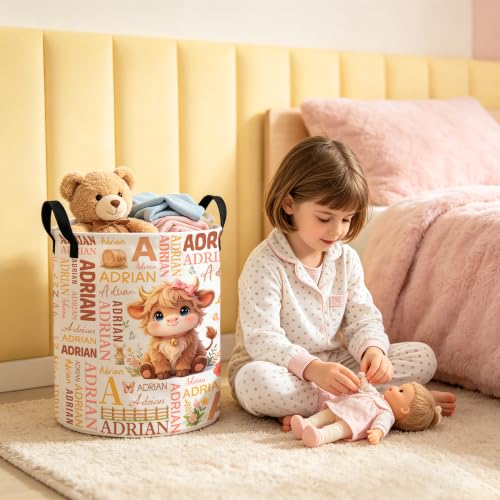 Image of Custom Highland Cow Laundry Hamper, Personalized Laundry Basket with Name, Customized Dirty Clothes Basket for Clothes Toy Bathroom Bedroom Storage,S-16.5 inchX 13.8 inch