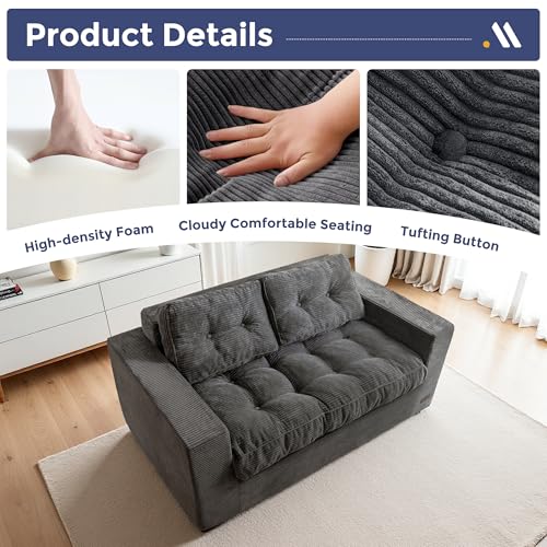 Image of MAXYOYO Loveseat Sofa Couch, Upholstered Bean Bag Chair Cloud Seat for Adults, Boneless Couch with Cushion & Pillows, Sofa in A Box, No Assembly Required, Corded Dark Grey, 2-Seat