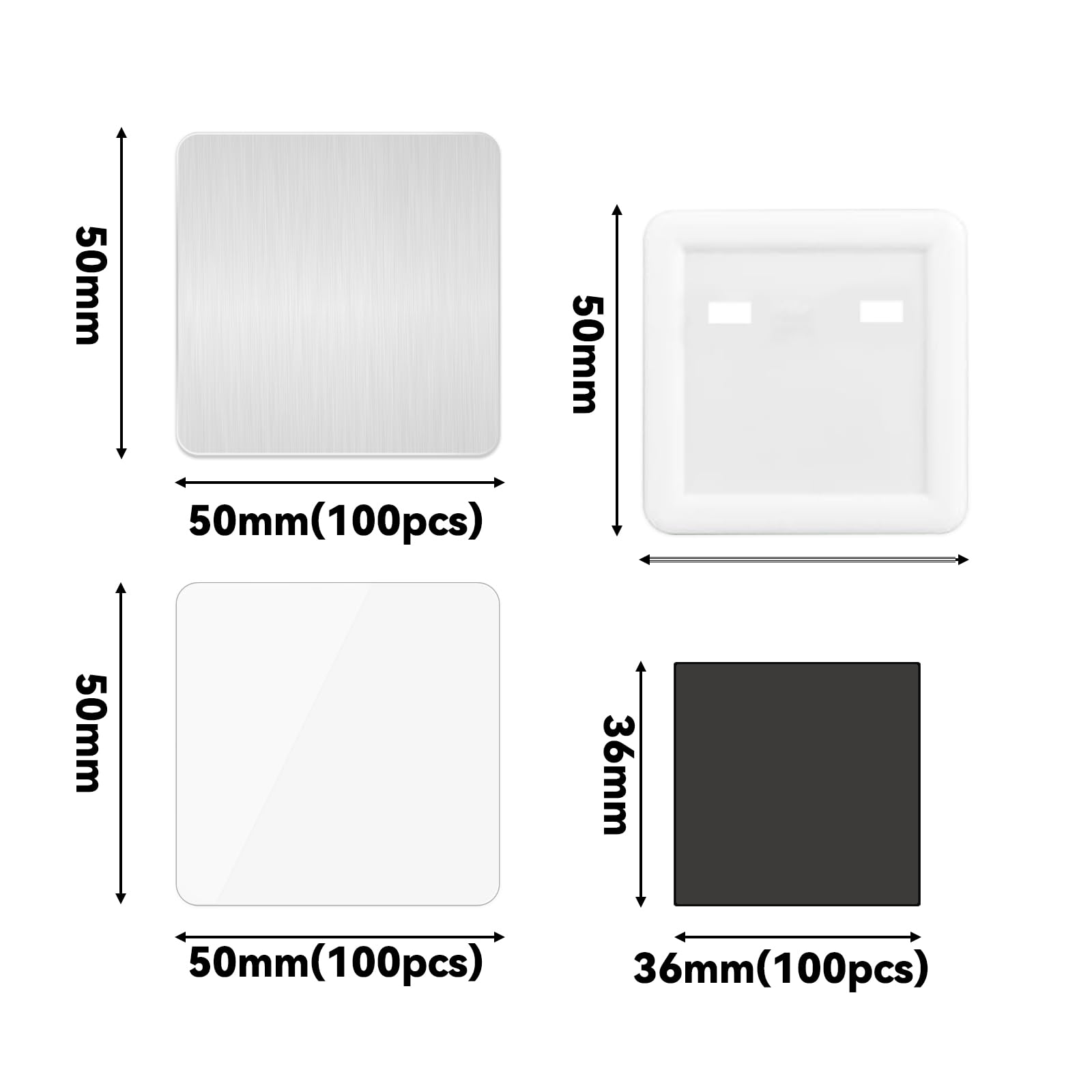 Lot de 100 aimants de réfrigérateur - 50 mm - Boutons carrés magnétiques doux - Consommables pour loisirs créatifs (coque en métal, coque arrière en plastique, aimant souple, film transparent)