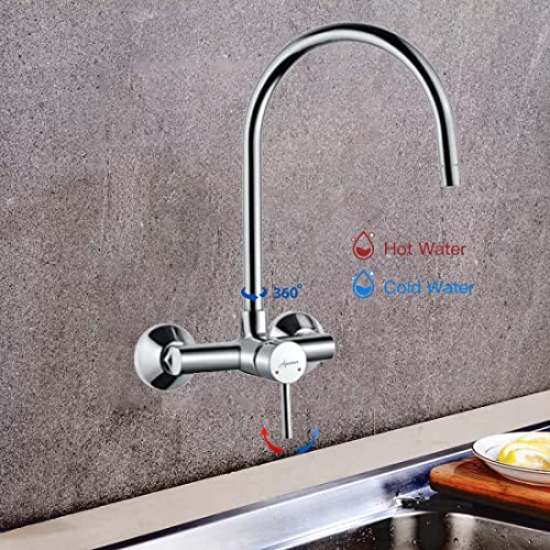 Image of Aquieen Wall Mounted Single Lever Sink Mixer with provision for hot & cold water with 360 degree hi-neck spout, connecting legs & wall flanges (Flora - Chrome)