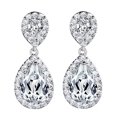 SELOVO Bridal Teardrop Drop Earrings Pierced/Clip Earrings Cubic Zirconia Silver Tone