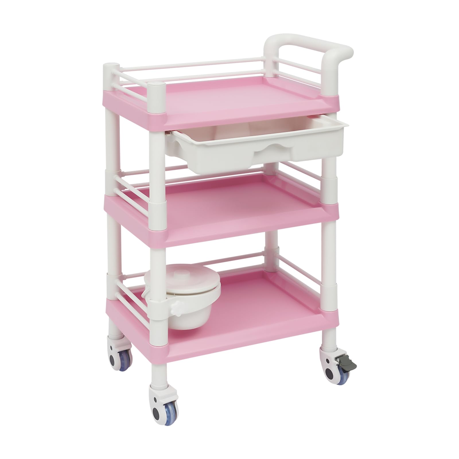 Carrito de salón Beauty con 3 estantes, cajón y cubo, carrito de almacenamiento enrollable para accesorios de belleza, salón de uñas, suministros de peluquería, color rosa y blanco, soporta 100 kg