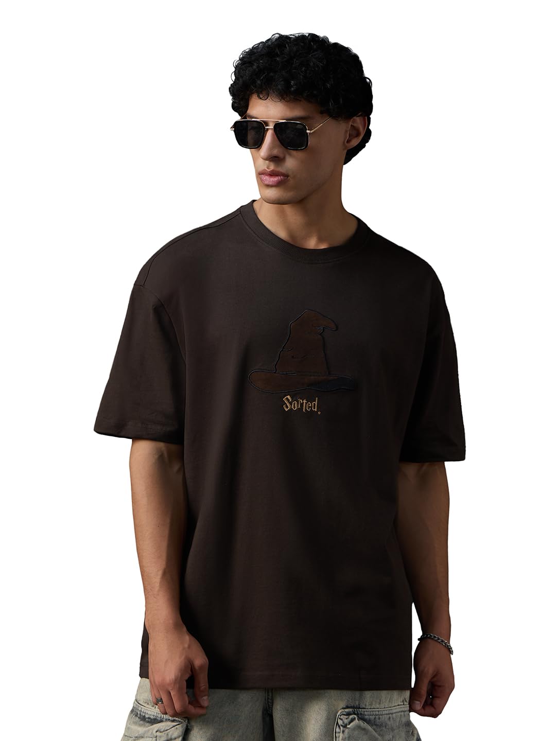 Harry Potter: Sorted Men and Boys Short Sleeves Round Neck Brown Embellished Cotton Oversized T-Shirts-image-32