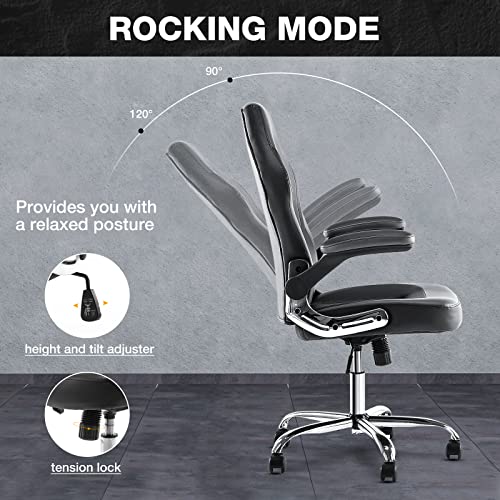 Image of Ergonomic Gaming Office Chair - PU Leather Executive Swivel Computer Desk Chair with Flip-up Armrests and Lumbar Support for Working, Studying, Gaming, Grey