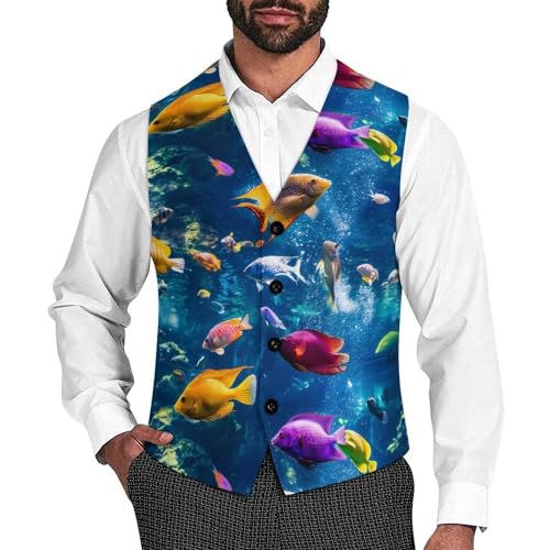 Tropical Fish Suit Vest for Men Slim Fit Sleeveless Jacket V Neck Business Waistcoat Button Up Dressy Top