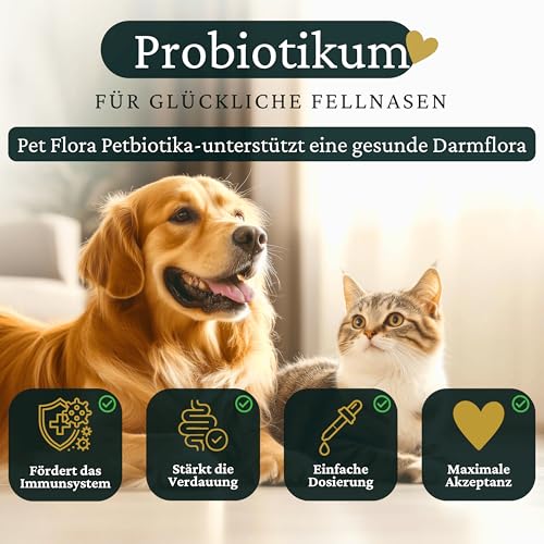 Pet Flora Probiotika für Hunde und Katzen – 100% Bio Tropfen 50 ml – Flüssiges Probiotikum für Darmflora Aufbau und Verdauung bei Haustieren – Probiotisches Einzelfuttermittel – Petbiotika