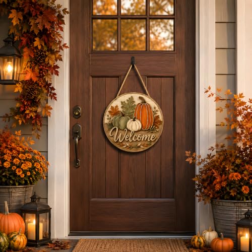 Image of Fall Decor - Fall Welcome Sign for Front Door | Thanksgiving Decorations | Rustic Round Pumpkin Door Wreath Sign Wood Hanging Decor - Fall Thanksgiving Party Favors Supplies for Home Door Wall Decor