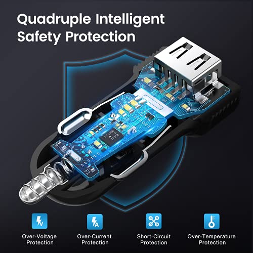 Rampow Car Charger 24W/12V 4.8A Dual Cigarette Lighter Usb Adapter With Blue Led For Iphone 14/13/12/11/X/8/7/6/5/Se, Ipad Pro/Air 2/Mini,Samsung Galaxy S9/S8/S7, Motorola, Lg, Htc,Tablet & More-Black #TOP3