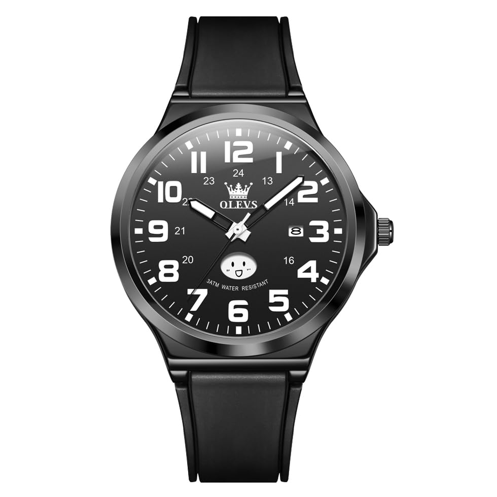 Image of OLEVS Mens Watch Original Easy Read Fashion Analog Quartz Unisex Watches Big Numer Silicone Waterproof Date Sport Watch for Man with Emoji