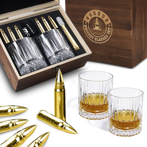 Gifts for Men Dad - Whiskey Glass Set with 6 Gold Bullet Whiskey StonesLuxury Whiskey SetCool Bourbon Gifts for MenCool Drinking Accessories for Home Bar