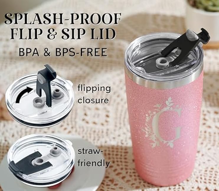 Personalized Tumblers with Lids and Straws for Women, Monogrammed Travel Mugs with Initials, Unique Gifts for Her on Birthdays Xmas, Rose Gold, G
