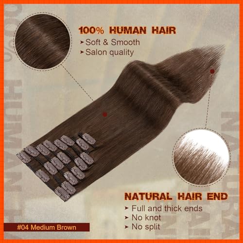 Image of Benehair 24inch Clip in Hair Extensions Real Human Hair Medium Brown Hair Extensions Clip in Human Hair Long Straight Remy Natural Full Head 8pcs Real Hair Extensions for Women 24inch #4 Medium Brown
