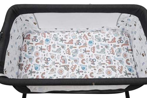 Image of Stretchy Fitted Crib Sheets Set 2 Pack Portable Crib Mattress Topper for Baby Girl Boy,Ultra Soft Jersey Material, Light Blue & Car