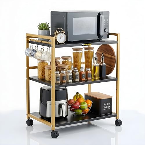 Image of 3 Tier Microwave Oven Stand with Wheels & Hooks - Kitchen Storage Rack, Metal Bakers Rack Kitchen Organizer Shelf for Microwave, Air Fryer & Appliances