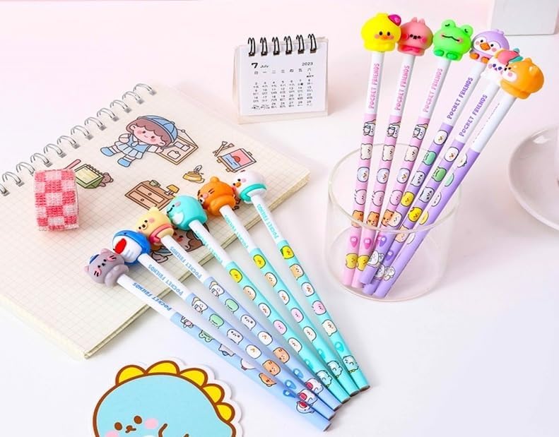 JRDP KART Cartoon Pencil For Kid With 3D Animal Topper 6Pcs Cartoon Pencil Set With Cute Animal Eraser On Top Cartoon Pencil Student Stationery Set For Birthday Return Gift Kids