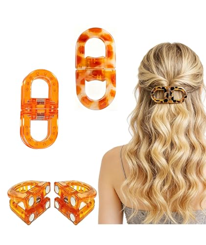 Image of 2 Pcs Hair Clutchers for Women, Magnetic Hair Clip, 2-in-1 Section Clips for Hair Styling, Daily Use and Professional Salon Clutcher Hair Accessories, Black Brown Print Hair Claw Clips (Orange Leopard Print And Orange)