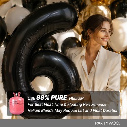 Image of PartyWoo Black Number 6 Balloon 40 Inch 25pcs Black Foil Star White Gold