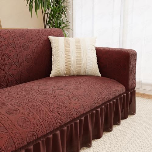 Image of Lukzer 1 Seater Jacquard Sofa Cover with 360 Frill Skirt - Pastel Deep Maroon Tribal Pattern | 240 GSM Stretchable Anti-Slip Fully Covered Universal Couch Cover for Living Room (90-140CM /SC-135-01F)