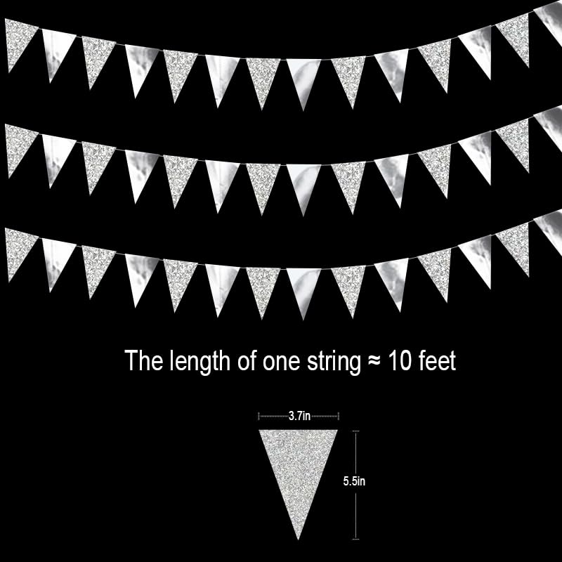 Image of Silver Hanging Triangle Flag Pennant Garland Silver Hanging Paper Pennant Streamer Paper Triangle Flag Bunting Banner for Graduation Wedding Engagement Birthday Party Decorations 30 Feet