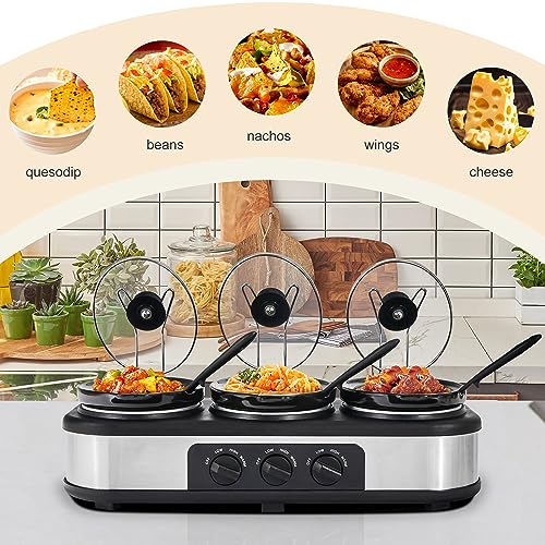 Triple-Slow-Cooker-Buffet-Server-Food-Warmer-with-3-Adjustable-Temperature-Modes-Slow-Cooker-with-15-QT-Ceramic-Pot-Removeable-Glass-Lid-and-3-PVC-Spoons-Dishwasher-Safe-Stainless-Steel