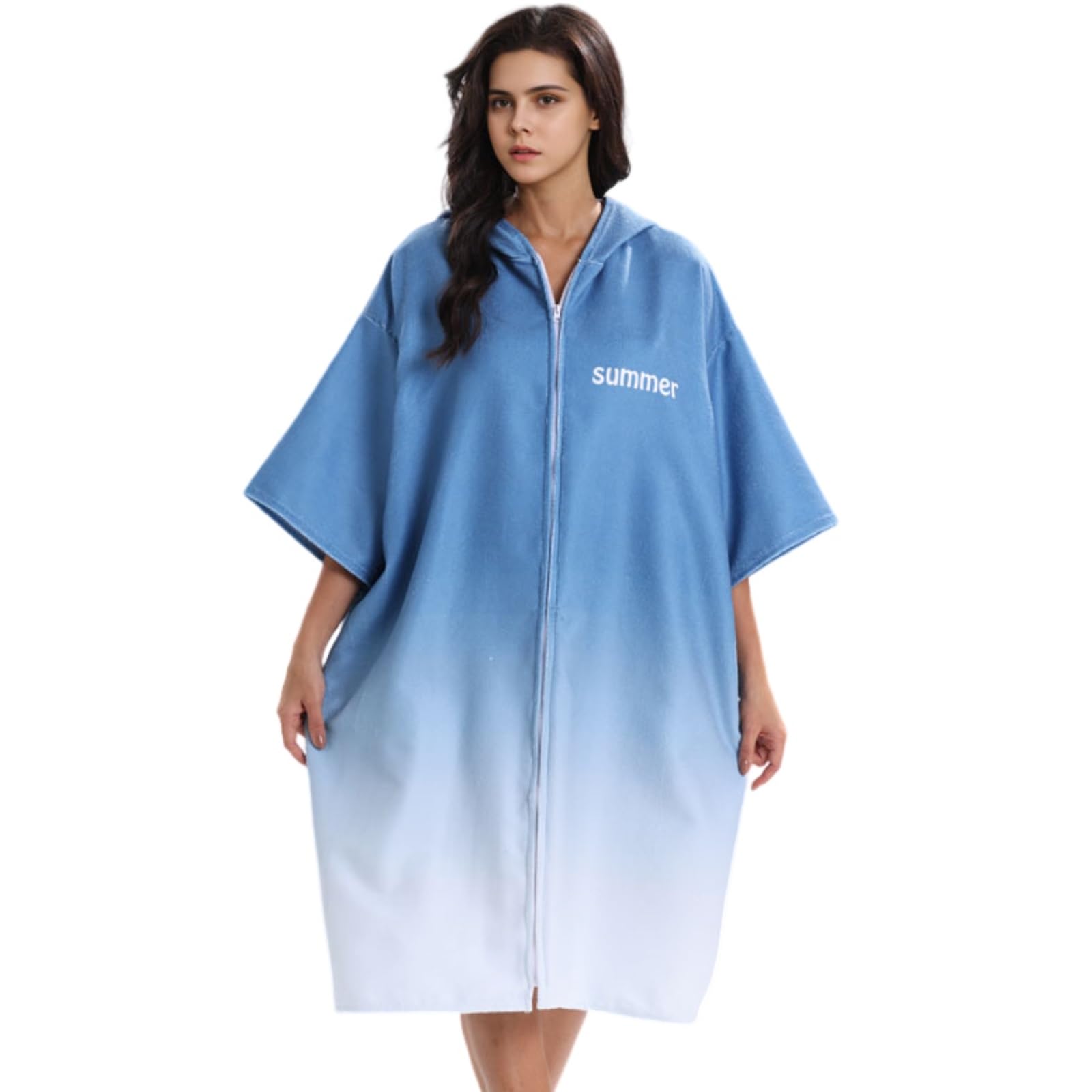 Treer Hooded Towel Poncho Adult, Changing Robe Towel Women Mens Beach Poncho with Hood and Zip Changing Robe Beach Quick Dry Microfibre for Swimming Surfing (Gradient,75 * 110cm)