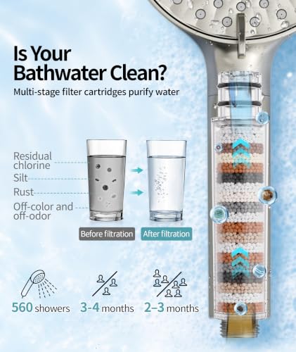 Image of SR SUN RISE Filtered Shower Head with Handheld High Pressure 9 Spray Mode Showerhead Detachable Shower Head Water Softener Filters Beads for Hard Water Remove Chlorine 1 Filter 1.8GPM Brushed Nickel