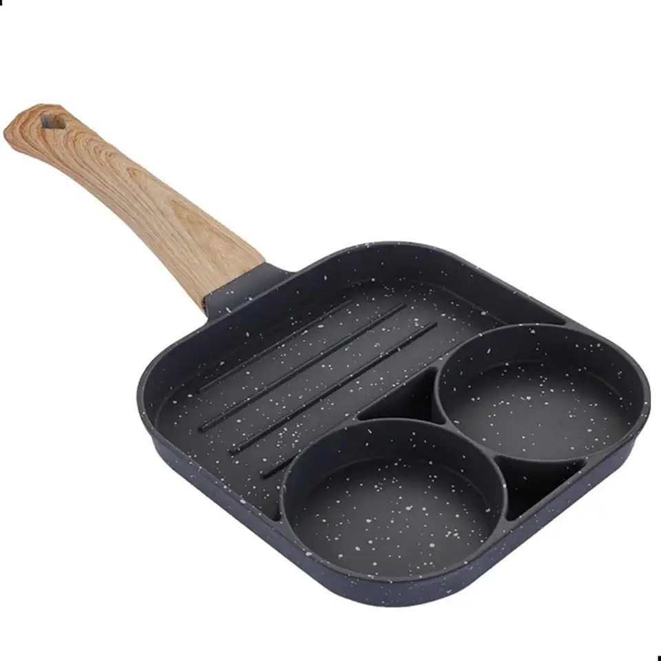 Frigideira 3 em 1 Antiaderente com Cabo de Madeira — Ideal para Ovos, Panquecas, Bacon e Legumes (18x18cm)