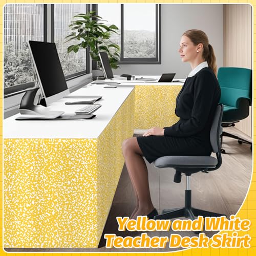 Image of 9FT Yellow and White Composition Table Skirt Teacher Desk Skirt for Composition Notebook Classroom Decor Rectangle Table Cover for Back to School Party Supplies Kindergarten Office Bookcase Cabinet